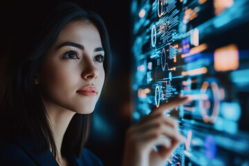 A CEO discussing the future of business through digital transformation, with presentations on digital innovation visible behind her.