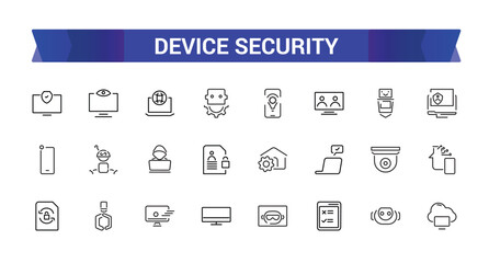 Device security icon set. Secure shield and Safe defense line icons. Safety risk, Computer security and Defense privacy icons.