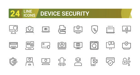 Device security icon set. Secure shield and Safe defense line icons. Safety risk, Computer security and Defense privacy icons.