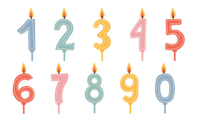 Vector design birthday candle set in the shape of all numbers. Illustration of birthday candles on a white background. Burning colorful candles in flat style isolate on white.