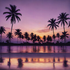 Obraz premium A peaceful tropical sky at dusk, with the sun setting behind a row of palm trees and the sky turning shades of purple and gold 