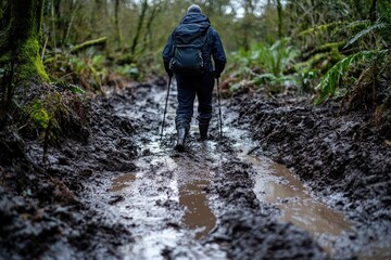 A hiker walks through a muddy path in the forest. This photo is ideal for illustrating articles on outdoor activities and hiking.