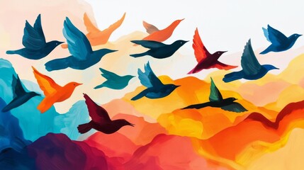 Obraz premium Colorful abstract painting of flying birds against a vibrant background.