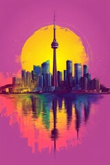 Fototapeta premium Vibrant sunset over Toronto skyline reflecting on water with standing tall