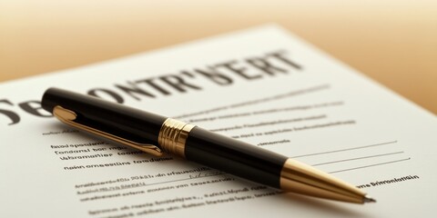 A black pen rests on a contract document, emphasizing business and formal agreements.