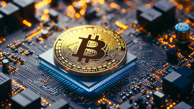 A golden Bitcoin rests on a computer circuit board, signifying the digital nature of cryptocurrency