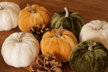 Velvet pumpkin decor. Fall autumn decorations with pine cones.