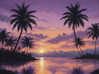 A peaceful tropical sky at dusk, with the sun setting behind a row of palm trees and the sky turning shades of purple and gold
