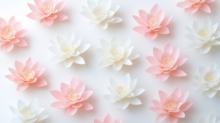 Obraz premium Beautiful arrangement of pink and white lotus flowers on a white isolated background.