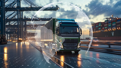 High-tech logistics with a truck moving through a port