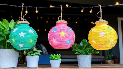 Colorful Lanterns Adorn a Cozy Outdoor Setting