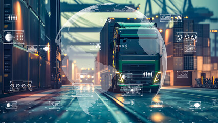 High-tech logistics with a truck moving through a port