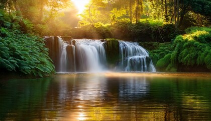  calm waterfall surrounded by lush green vegetation, bathed in golden sunset light. Soft mist rises gently from the water. Calming Rhythms