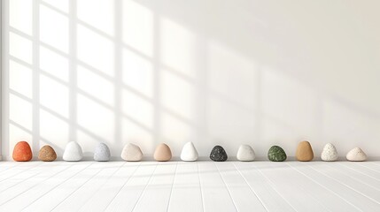 Naklejka premium Colorful decorative stones arranged along a bright, minimalistic interior wall.