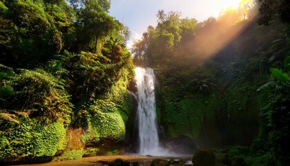 Fototapeta premium calm waterfall surrounded by lush green vegetation, bathed in golden sunset light. Soft mist rises gently from the water. Calming Rhythms