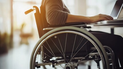 Close-up of a woman's hand using a laptop while sitting in a wheelchair.