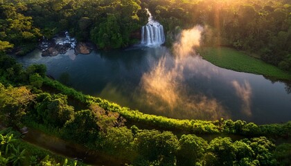  calm waterfall surrounded by lush green vegetation, bathed in golden sunset light. Soft mist rises gently from the water. Calming Rhythms