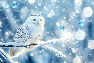 Snowy owl perched on a branch in a snowy landscape.