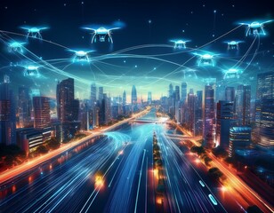Conexiones 5G: Una ciudad inteligente iluminada de noche con drones volando y coches autónomos en las calles.