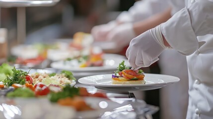 A small business catering company preparing food for an event, chefs working in a commercial kitchen, elegant dish presentations