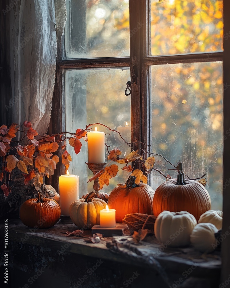 Poster Autumn still life with pumpkins and candles