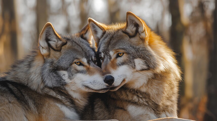 Obraz premium A pair of wolves resting, one draping its head over the other’s back, showing comfort and closeness