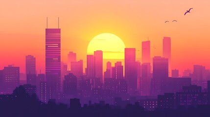 Obraz premium A beautiful sunrise over a city skyline, with a vibrant pink and orange sky.