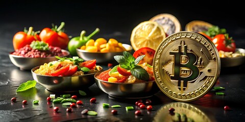 Bitcoin Cryptocurrency Surrounded by Gourmet Food on Black Background for Stunning Food Photography