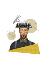 Vertical collage of funny surprised funky gentleman guy absurd head brainstorming fight battle play...
