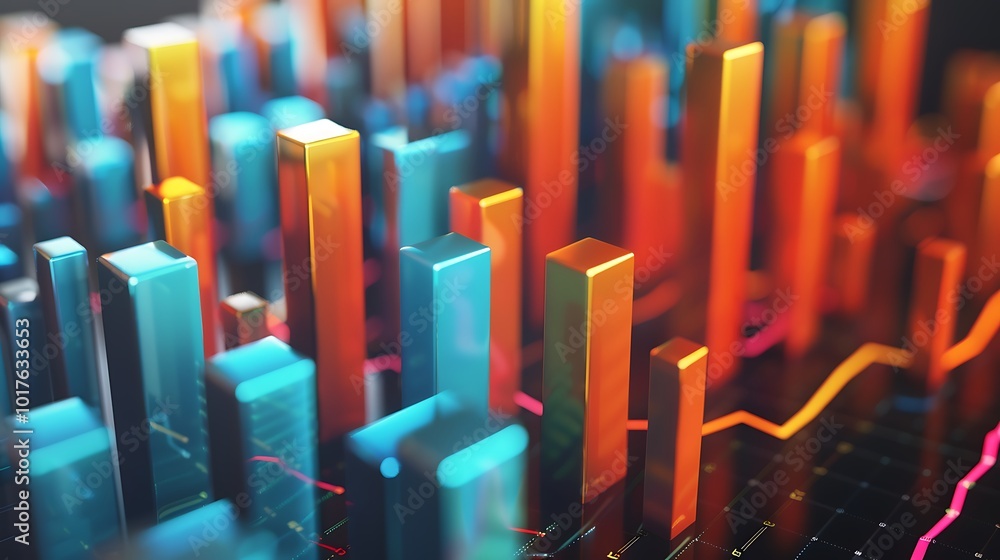 Poster abstract 3d representation of data graph depicts the rise and fall of financial trends of economic i