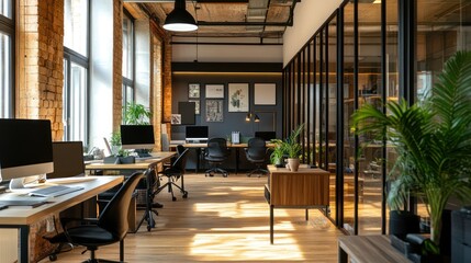 A small business coworking space with freelancers collaborating, modern design with natural lighting, open and friendly environment