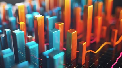 Abstract 3D data graph with textured colors showing rise and fall of financial trends for modern economic indicators analysis and innovative information visualization concept.