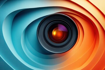 Colorful abstract background with a camera lens, representing a photo and video concept in creative design
