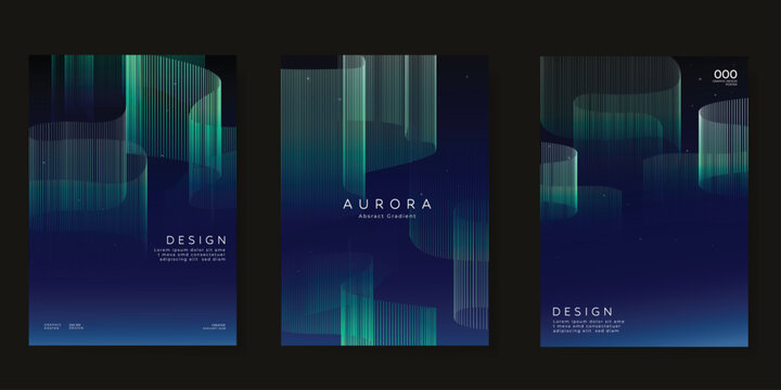 Modern gradient poster aurora design vector set. Minimalist cover template with vibrant northern light line collection. Ideal design for background, social media, cover, banner, flyer, ads.