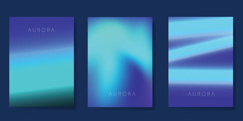 Fototapeta premium Modern gradient poster aurora design vector set. Minimalist cover template with vibrant northern light collection. Ideal design for background, social media, cover, banner, flyer, ads.