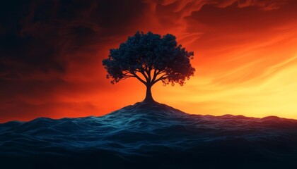 Lone tree silhouetted against a vibrant sunset sky over water.