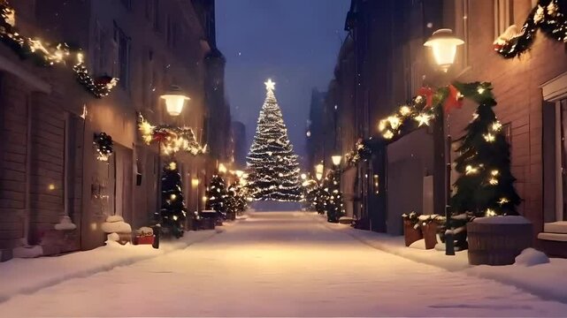 Snow covered street in Siegen with festive decorations twinkling Christmas tree in the distance, quiet winter street, snowy Christmas night, snowy street
