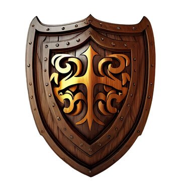 recommend clip art: Wooden shield with golden decor game icon. Medieval knight ammo, wood guard, award trophy, military armor front view isolated on white background. Realistic 3d render, clipart, props ui or gui