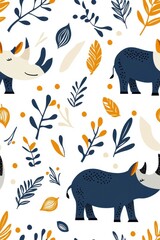 A flat style seamless pattern of rhinoceroses, isolate on white background, arranged in a dynamic and engaging design.