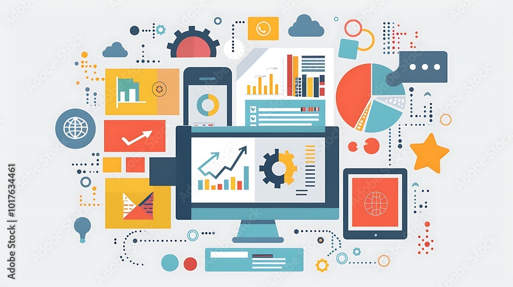 Poster colorful illustration of data visualization and business analytics, showcasing charts, graphs, and i