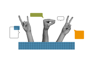 Horizontal photo collage three people hand show different gesture rock peace sign message concept of communication on drawing background