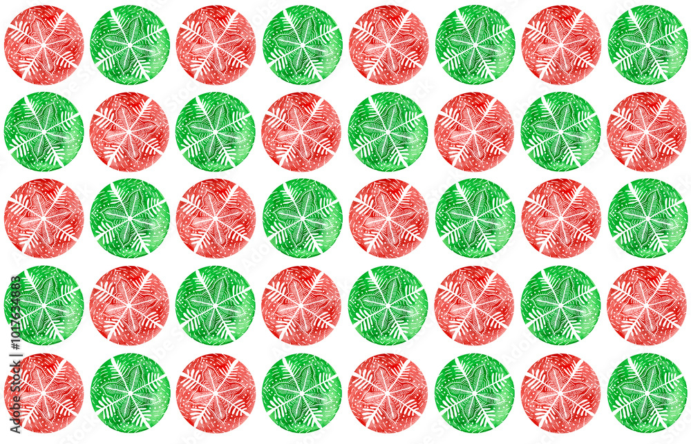 Fototapete pattern of snowflakes inscribed in circles. circles of red, green watercolor colors. repeat in turn.