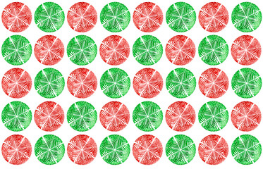 Pattern of snowflakes inscribed in circles. circles of red, green watercolor colors. Repeat in turn. Snowflakes from white lines of different thickness. White background.