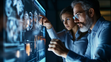 A digital transformation consultant presenting a comprehensive plan to a business team, with data and digital tools visible on screens.