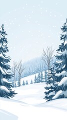 Fototapeta premium Snow-covered trees stand tall in a peaceful winter landscape, while soft flakes fall from the pale sky, creating a serene atmosphere among the hills