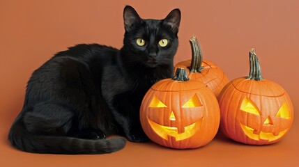 Halloween cat with illuminated jack-o-lantern on a bold orange background