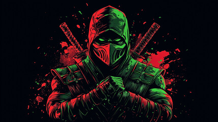 A mysterious ninja stands ready for battle with swords behind him, surrounded by a vibrant red and green splatter background