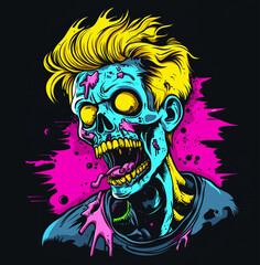 Vibrant zombie illustration with bright colors and exaggerated features, capturing a playful Halloween theme in an artistic style