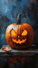 Obraz premium A pumpkin with a scary face is lit up. The pumpkin is sitting on a wooden table. Scene is spooky and Halloween-themed