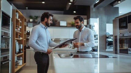 Obraz premium A small business kitchen appliance store with the owner explaining products to a customer, clean and modern showroom with sleek displays